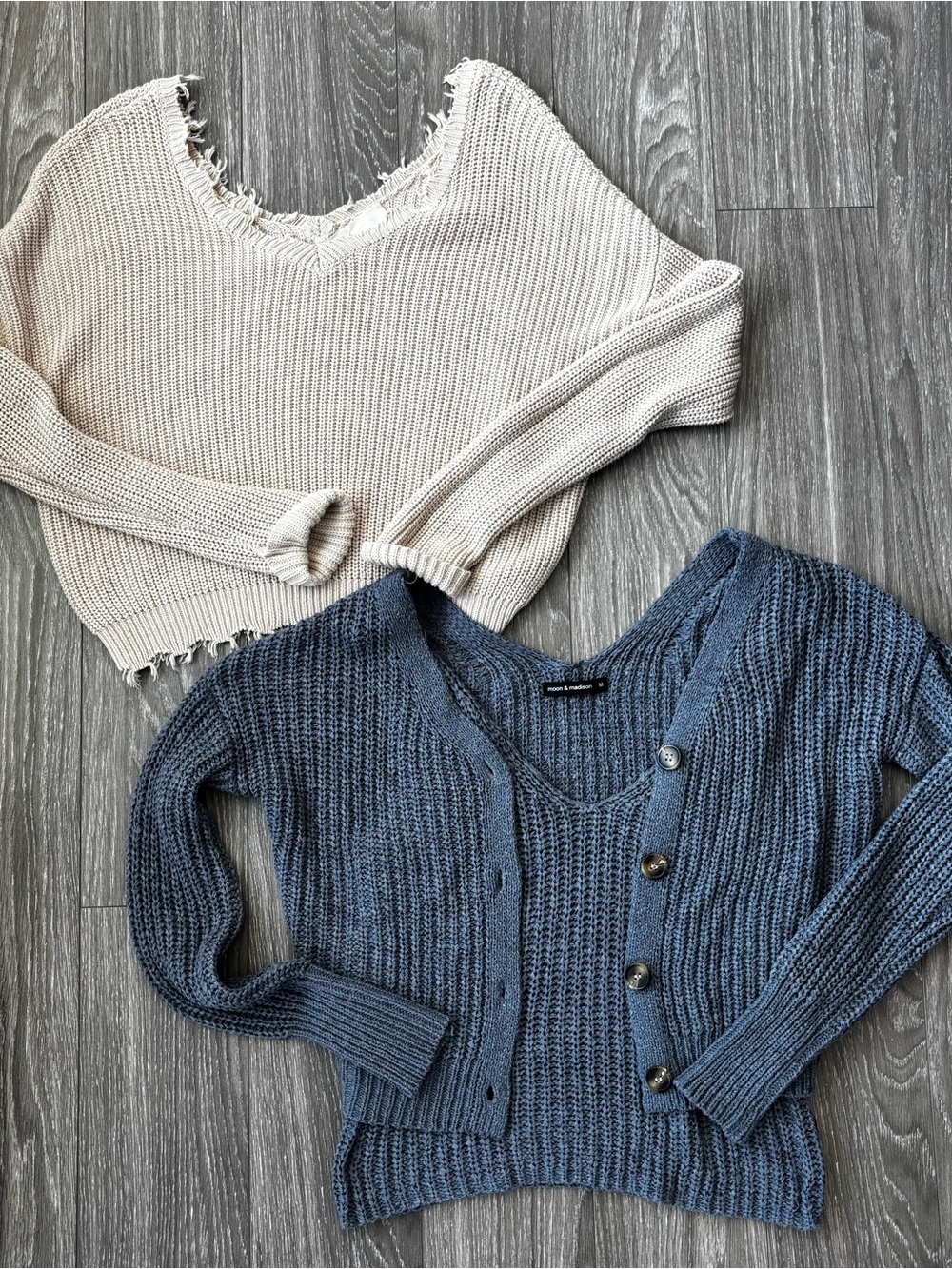Bundle .Two women's sweaters, blue and beige, knit, button front